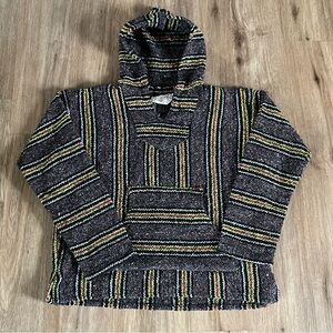 Baja Cienfuegos Hoodie Drug Rug Mexican Poncho Boho Hippie Festival Woven Size M